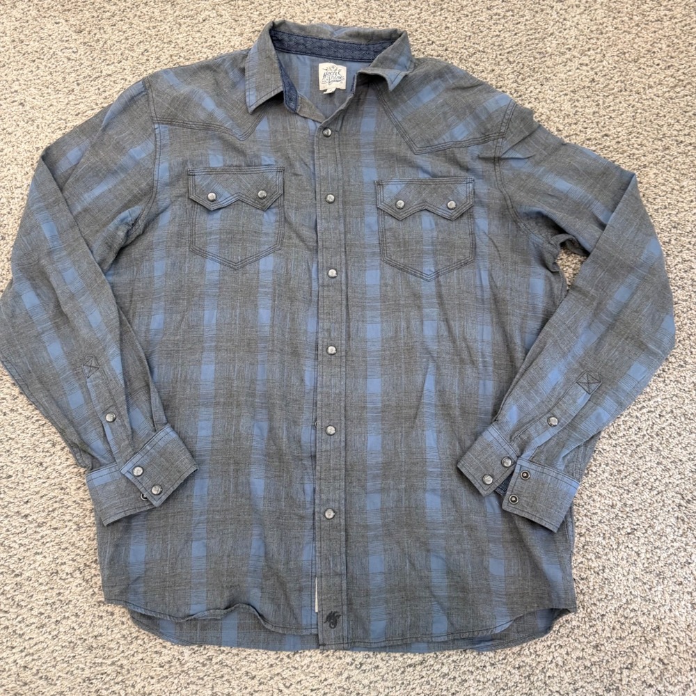 Moonshine Spirits Mens Grey Blue Plaid Western‎ Snap Front Shirt Large L Cotton